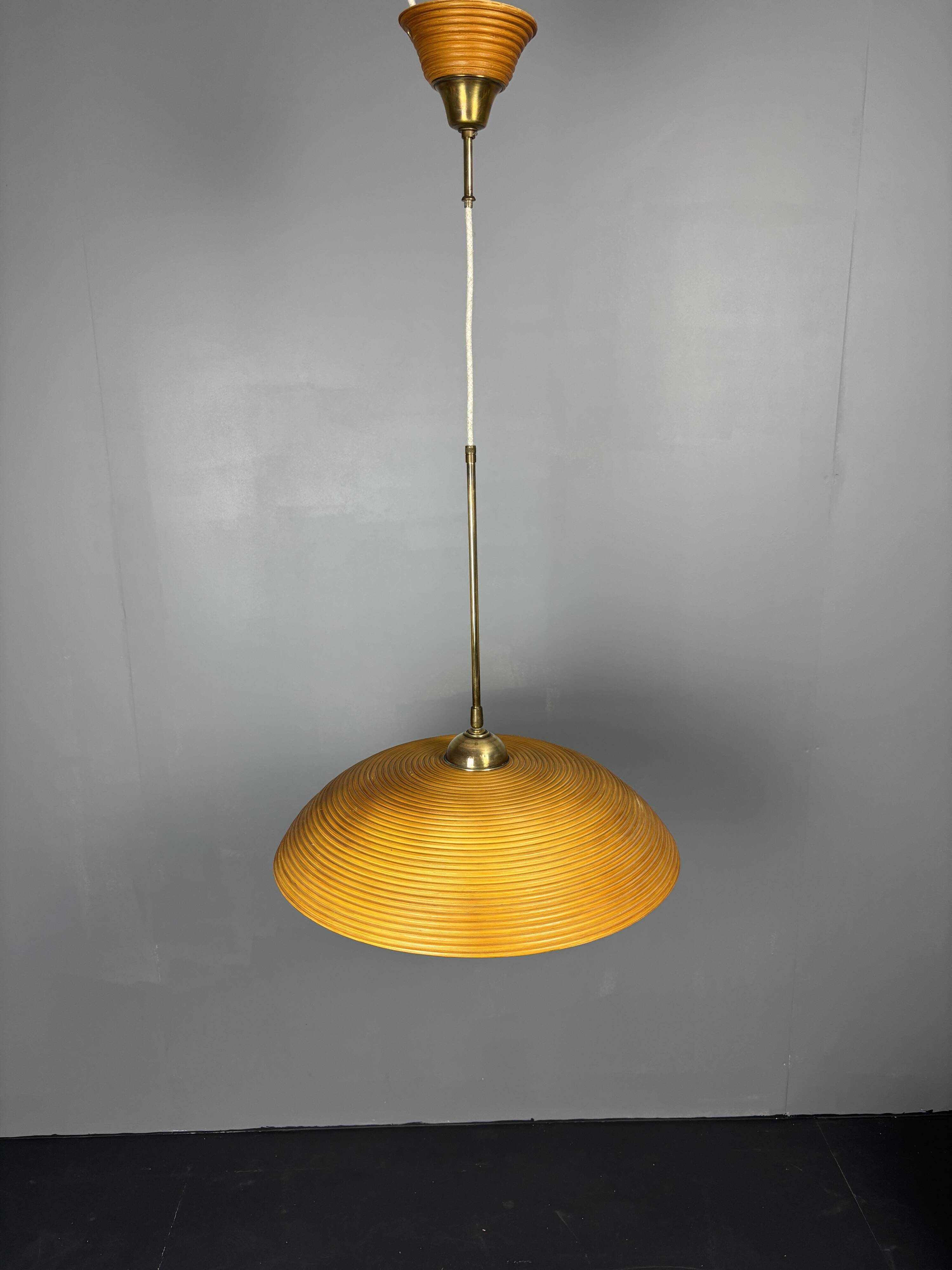 Set of 3 midcentury rattan bamboo pencil reed hanging pendants, Italy 1970s