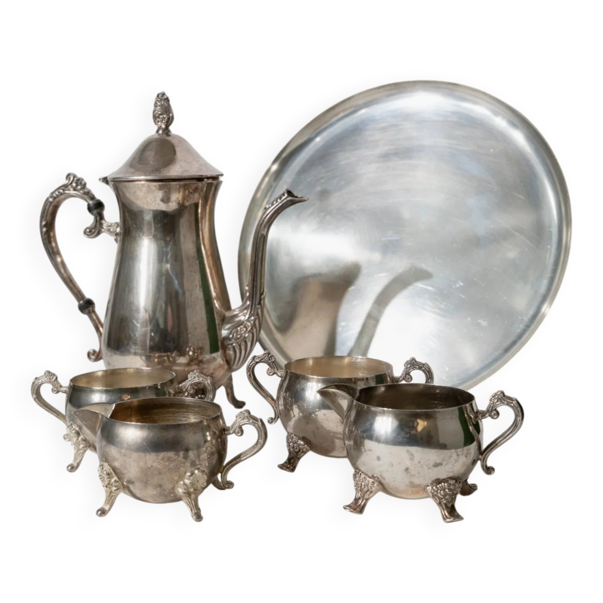 Silver-Plated Vintage Tea Set from England, 1940s: Teapot, Cups & Tray in Silver Metal