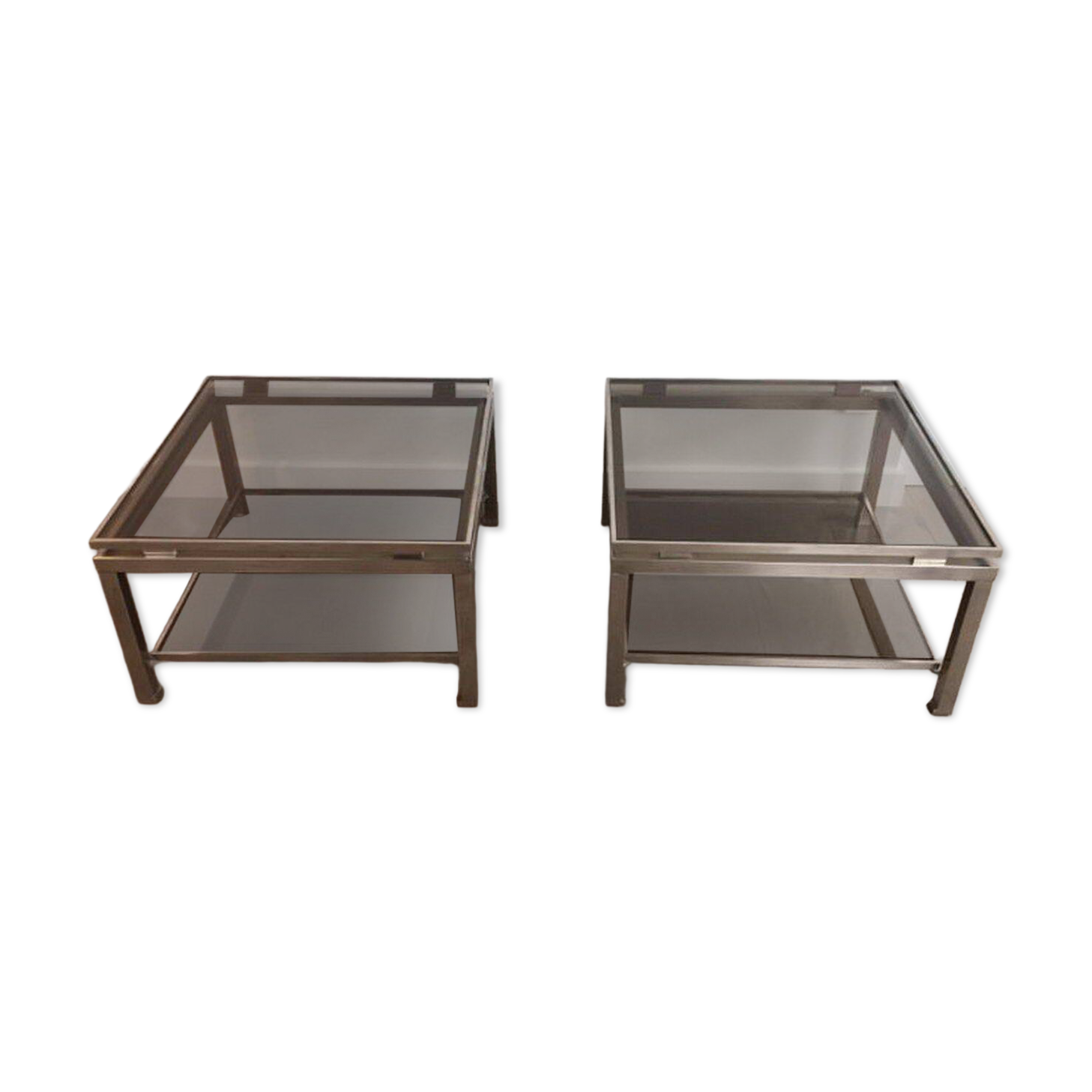 Pair of side tables in brushed steel. Guy Lefèvre for Maison Jansen