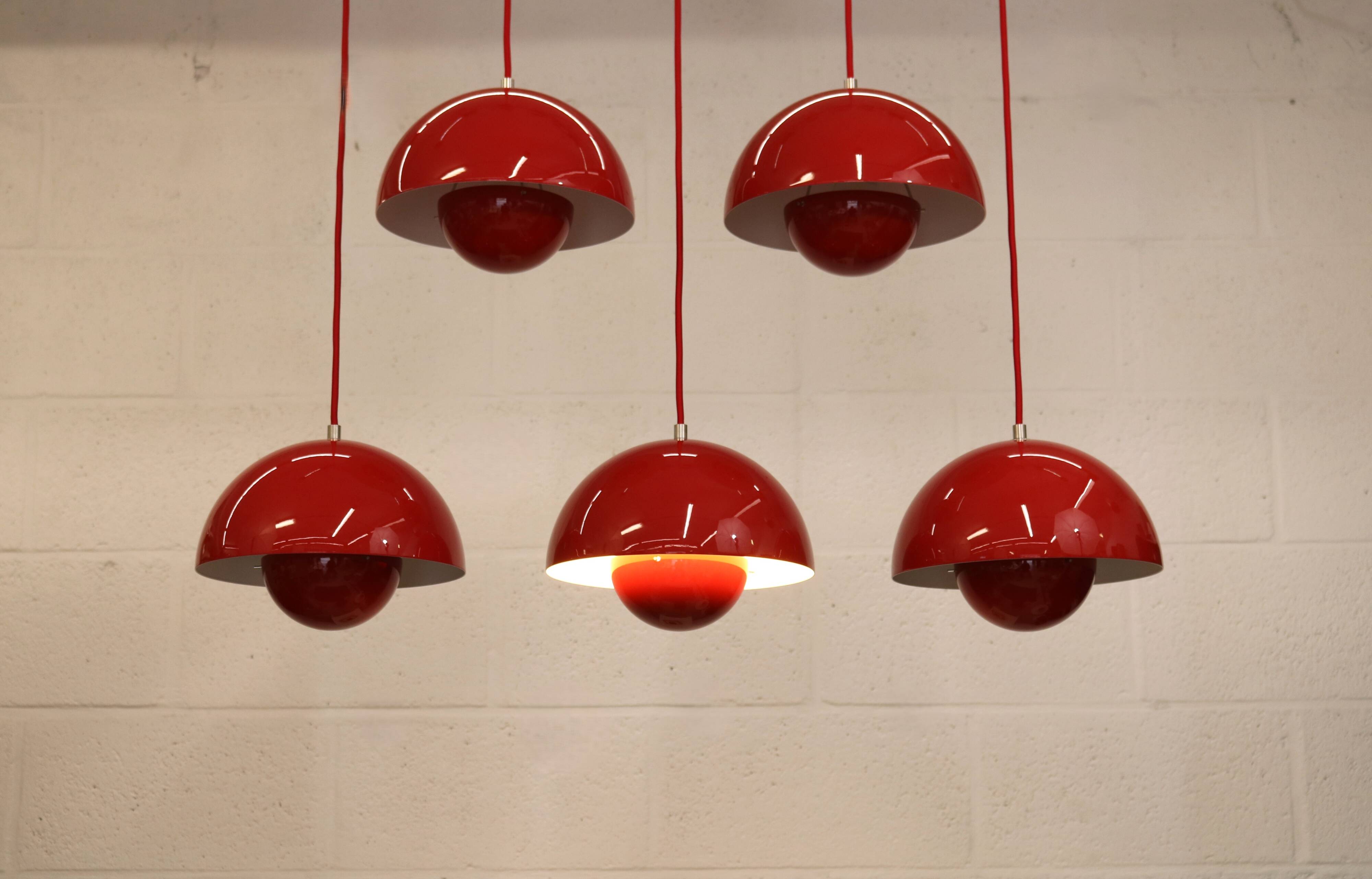 Iconic VP1 cherry red enamel flowerpot lamps designed by Verner Panton - &t