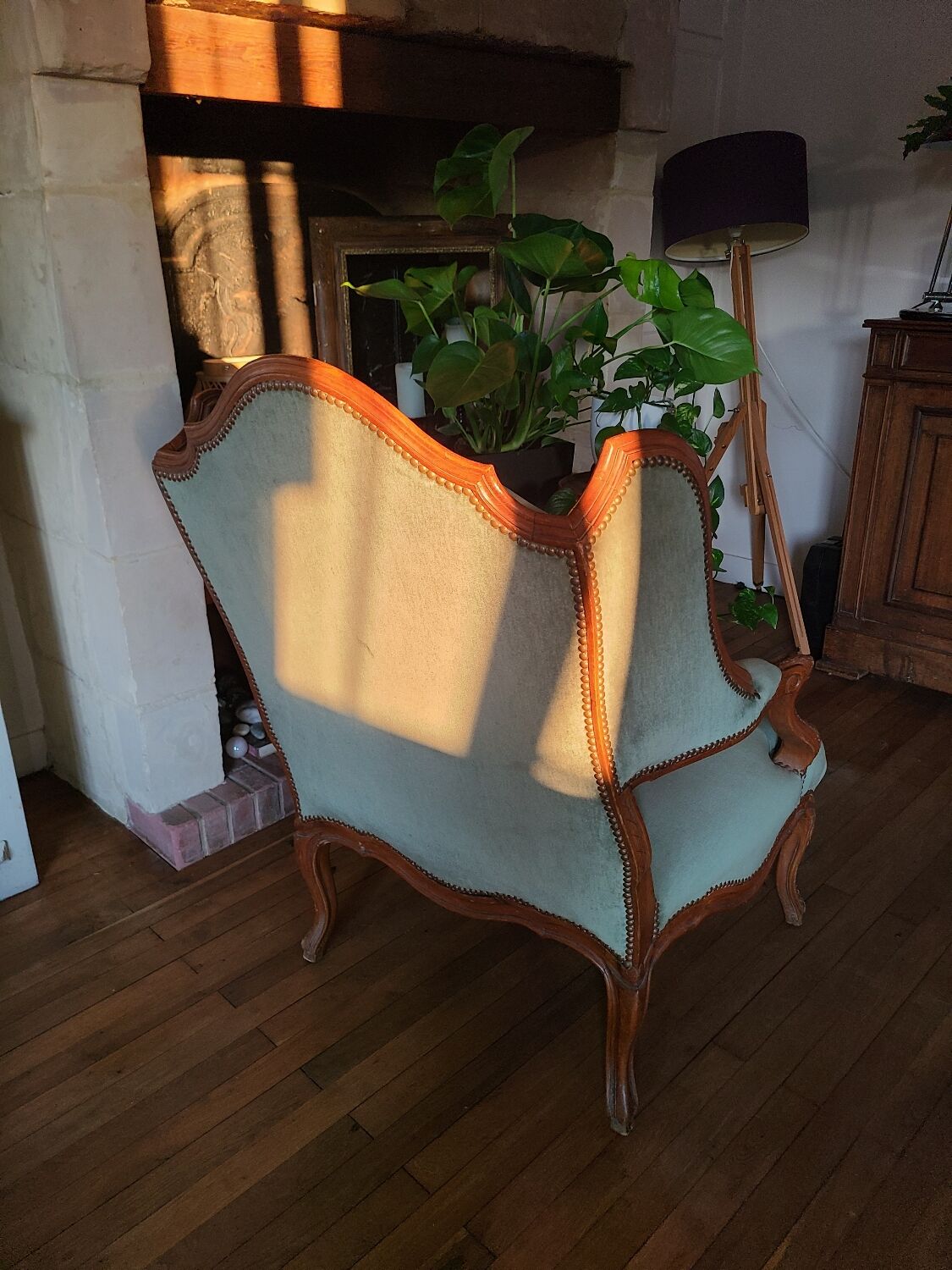 Vintage Louis XV style wing chair, light green velvet