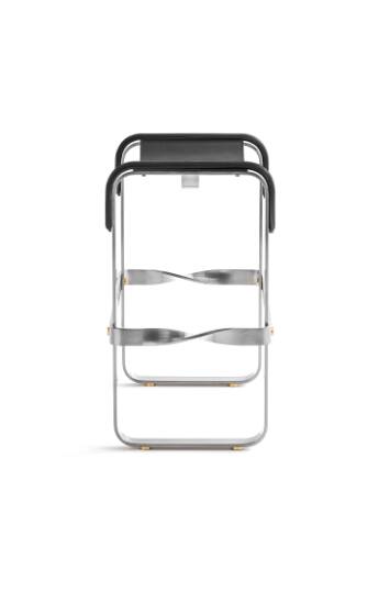 Contemporary kitchen bar stool in aged silver steel and black leather.