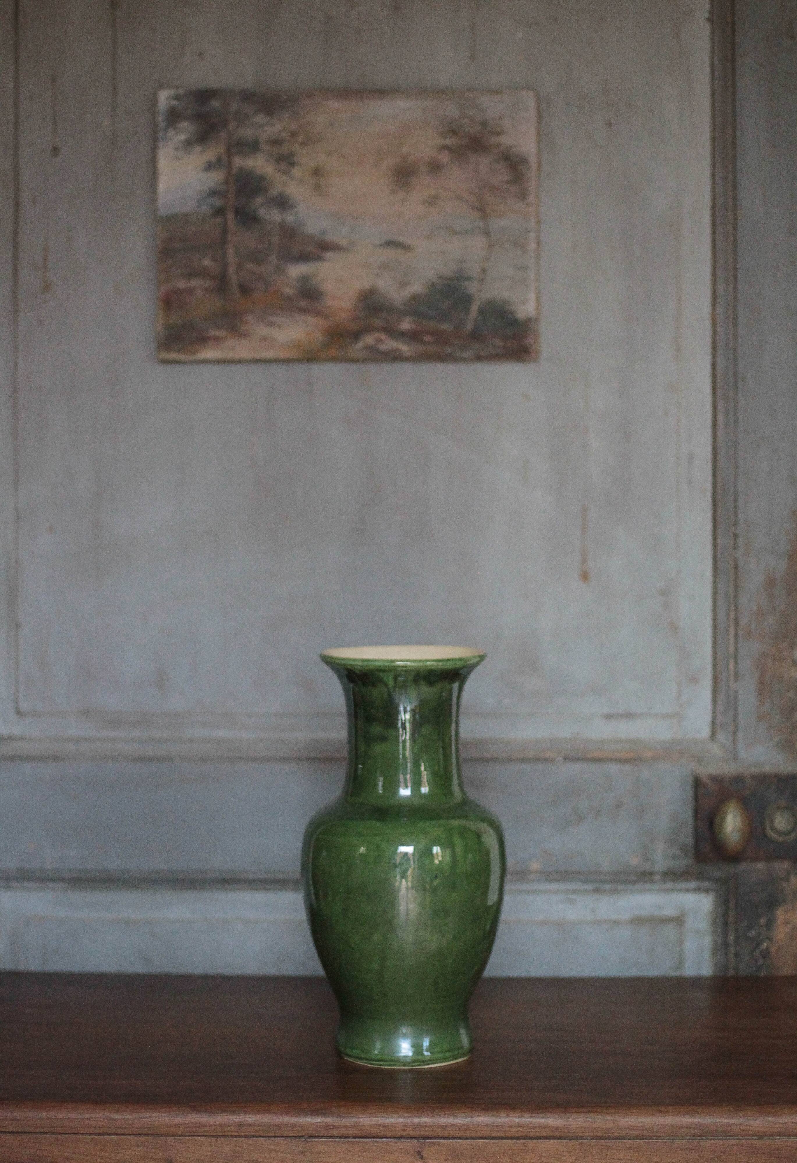 Green glazed ceramic vase, vintage baluster vase, flower pot