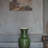 Green glazed ceramic vase, vintage baluster vase, flower pot