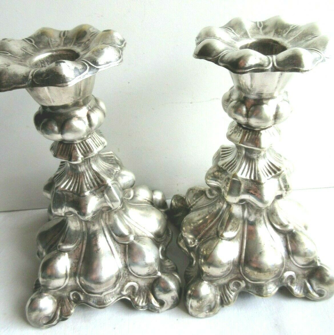 2 silver metal candlesticks, Louis XV style, 1900 era