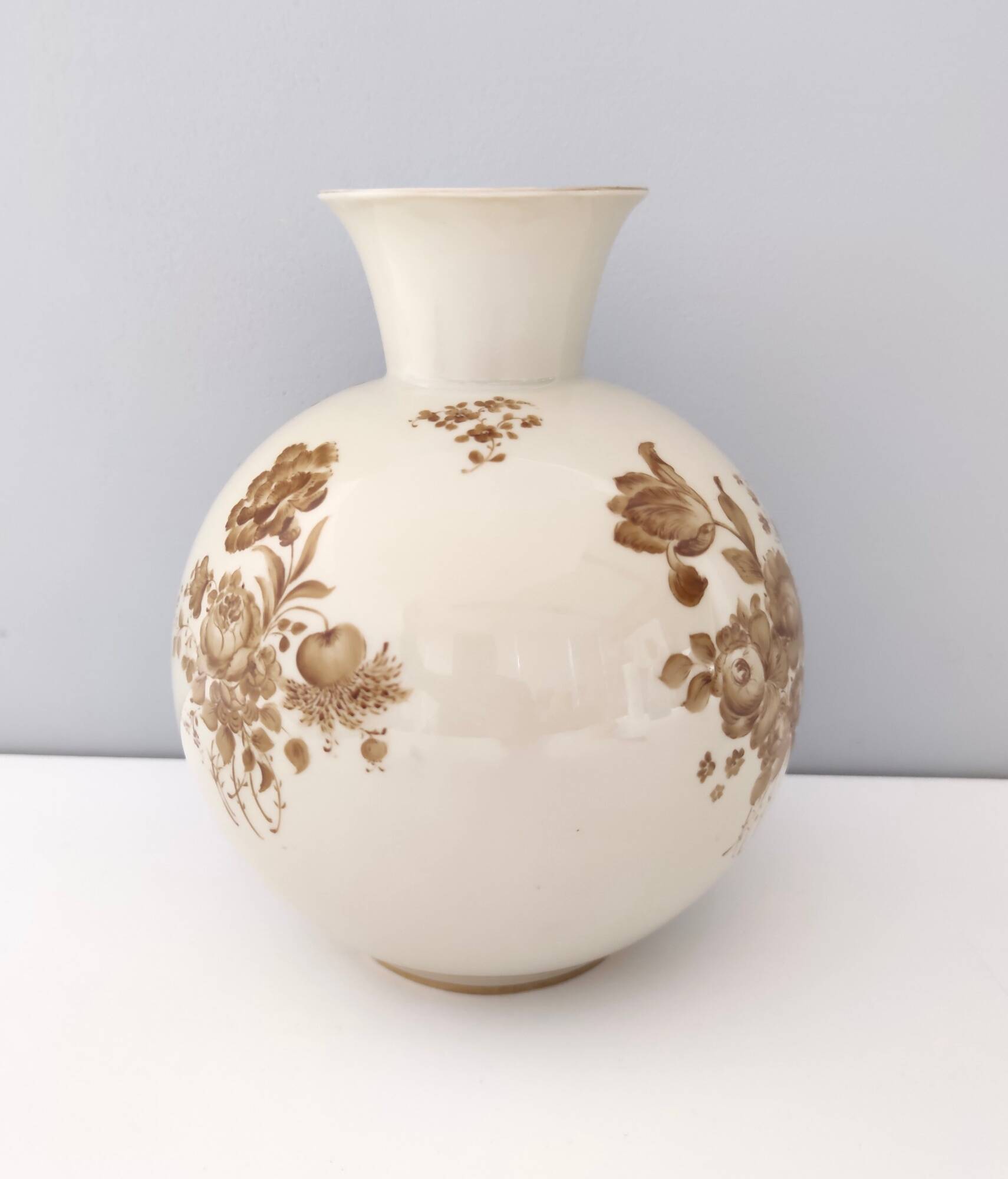 Ivory Ceramic Vase with Brown Floral Details by Rosenthal, Italy