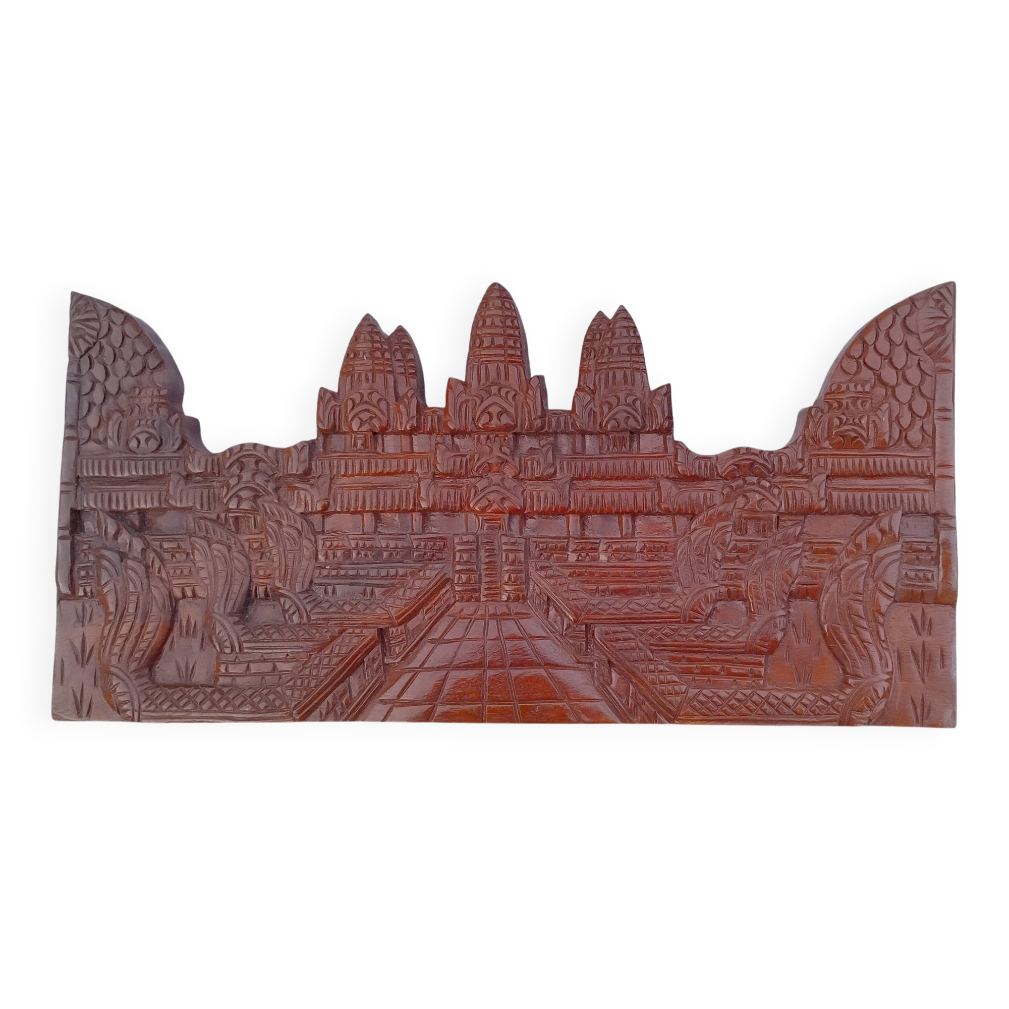 Carved wooden relief, reproduction of the Angkor Wat temple.