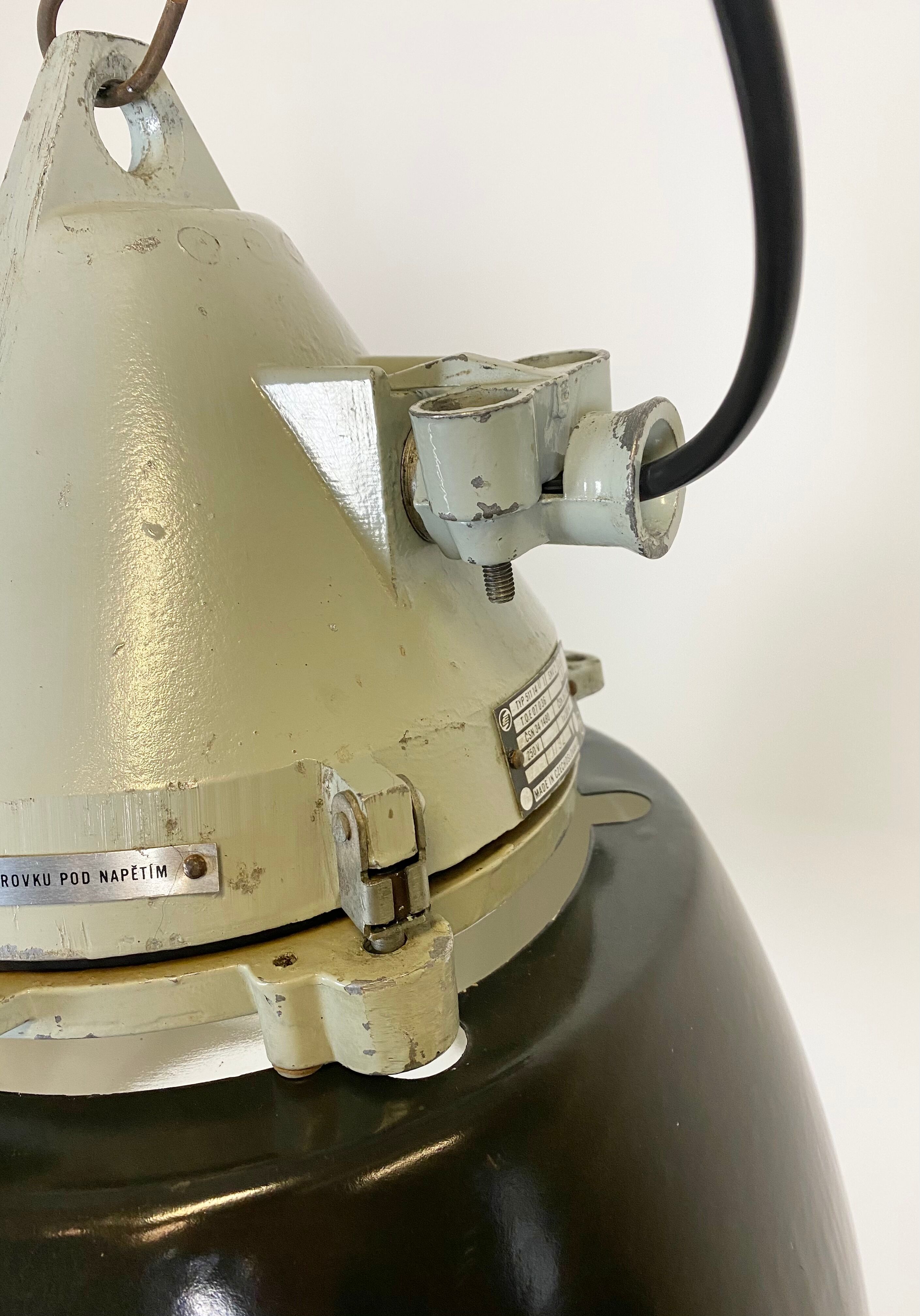 Grey cast aluminium explosion proof lamp with black enameled shade