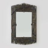 Large rectangular brutalist style metal on wood mirror signed ELY, Ely Creazioni. 70s