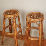 Paire de tabourets de bar  Louis Sognot en rotin 1950