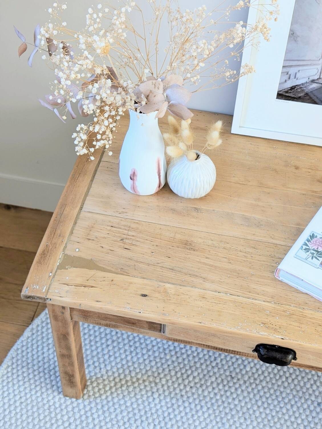 Antique solid wood coffee table with drawer.