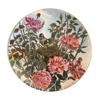 Delotz 1885 ceramic plate with painted birds chickadee