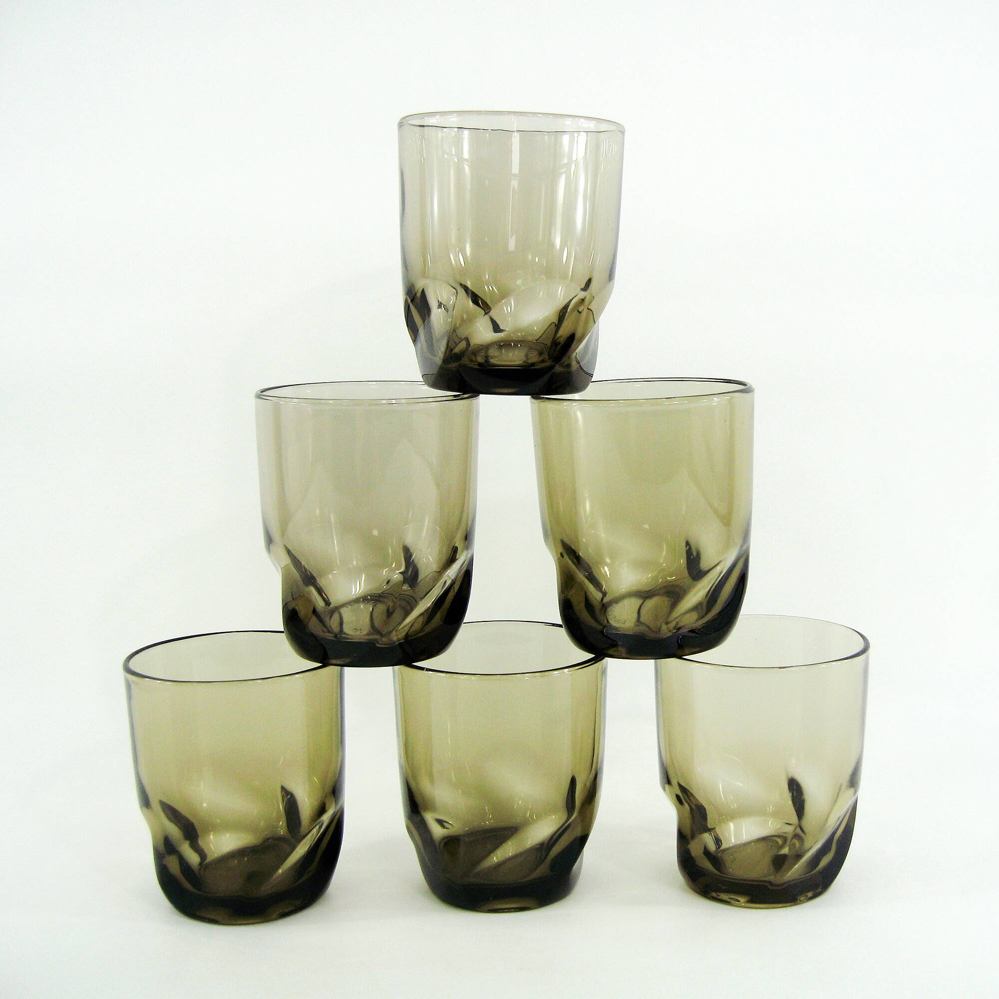 6 smoked twisted glass goblets - Luminarc Arcoroc France - vintage 70s