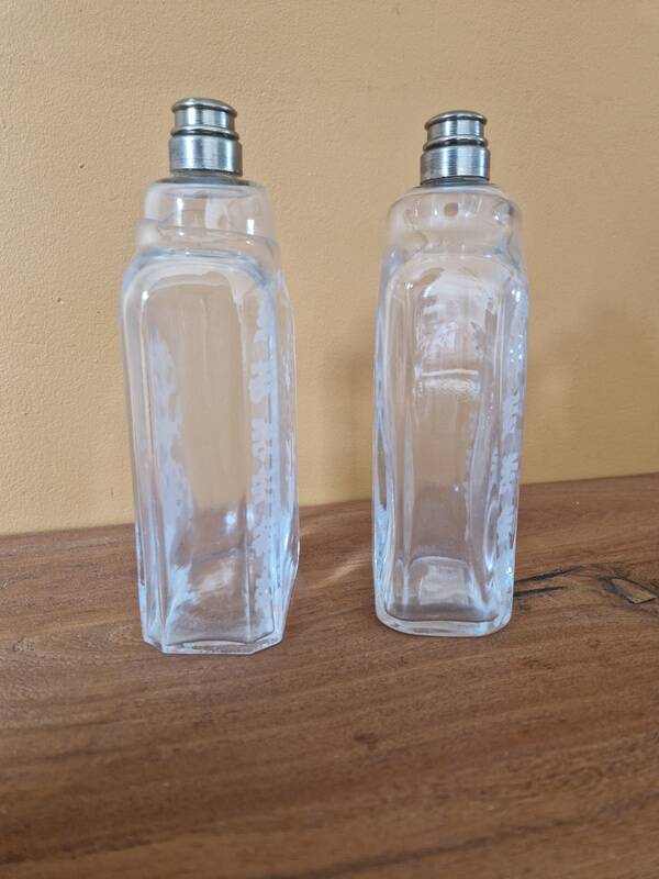 Pair of old engraved and frosted glass bottle vases.