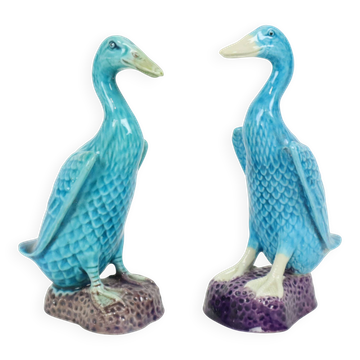 Vintage Duck Figurine Figure Couple Blue Chinese Porcelain