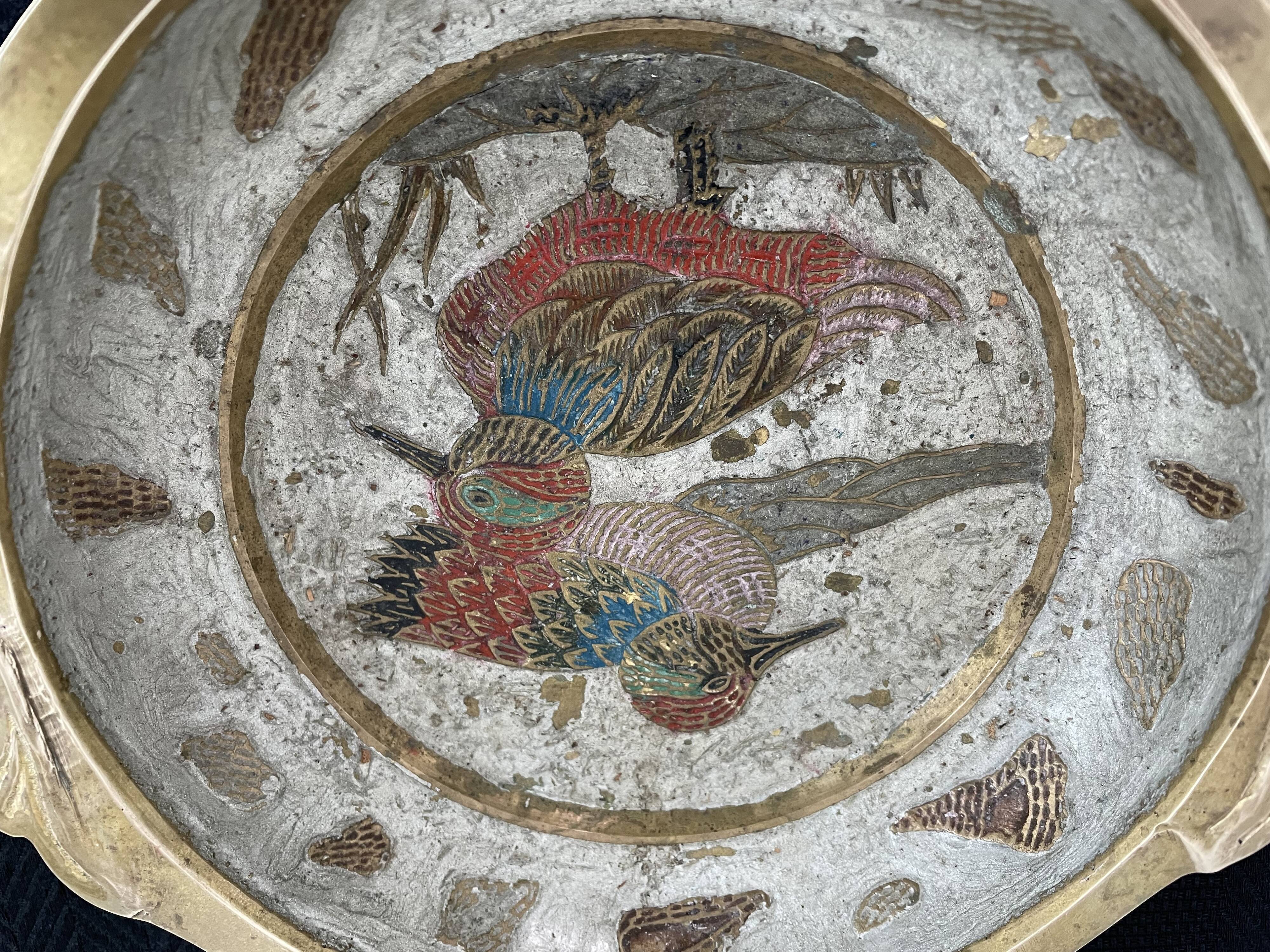 Antique chiseled brass cup - empty pocket - gold - gold color - painted birds - France