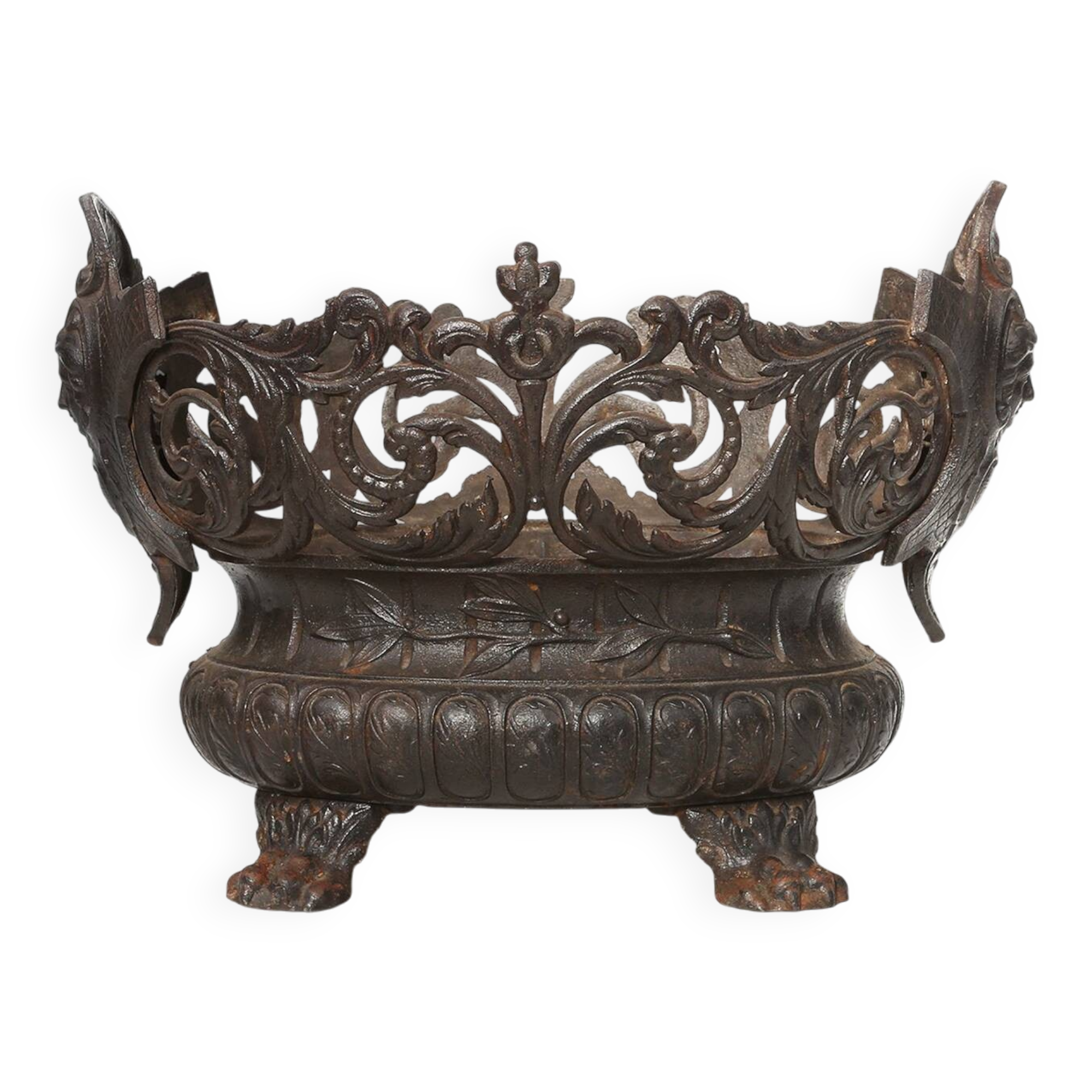 Cast Iron planter decorated with masks and lion paws, France 1850s