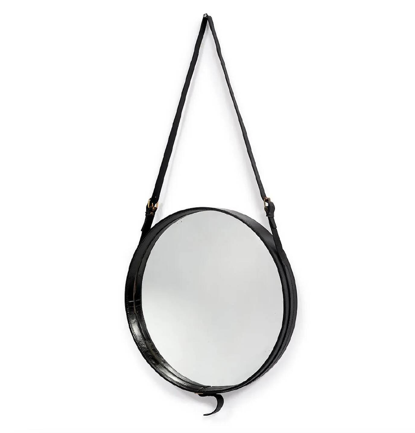 Jacques Adnet circular leather and brass mirror
