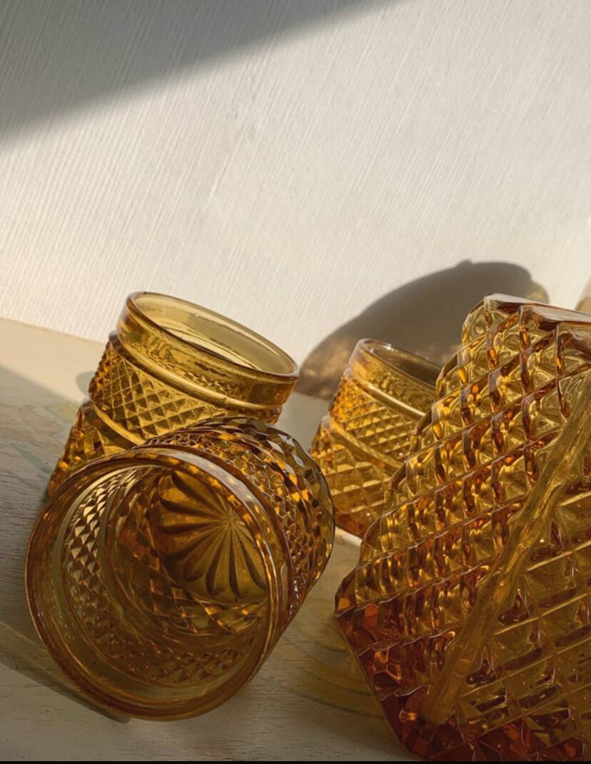 Vintage Italian liqueur service in amber glass – "Pointe de" work