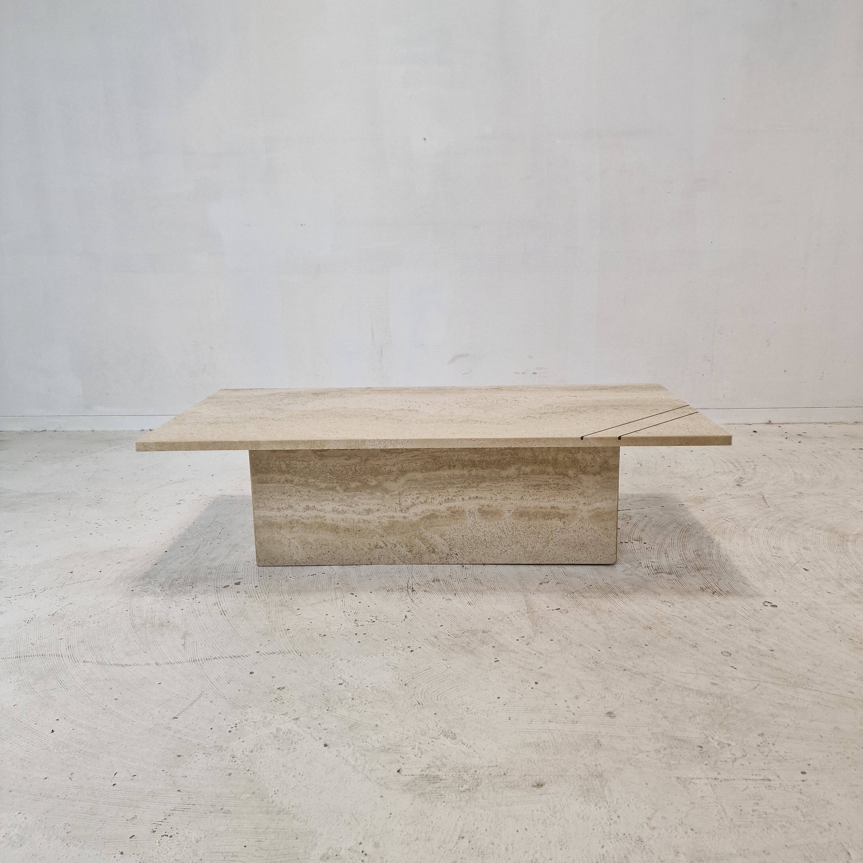 Rectangle Travertine Coffee or Side Table with Brass, Italy 1980s