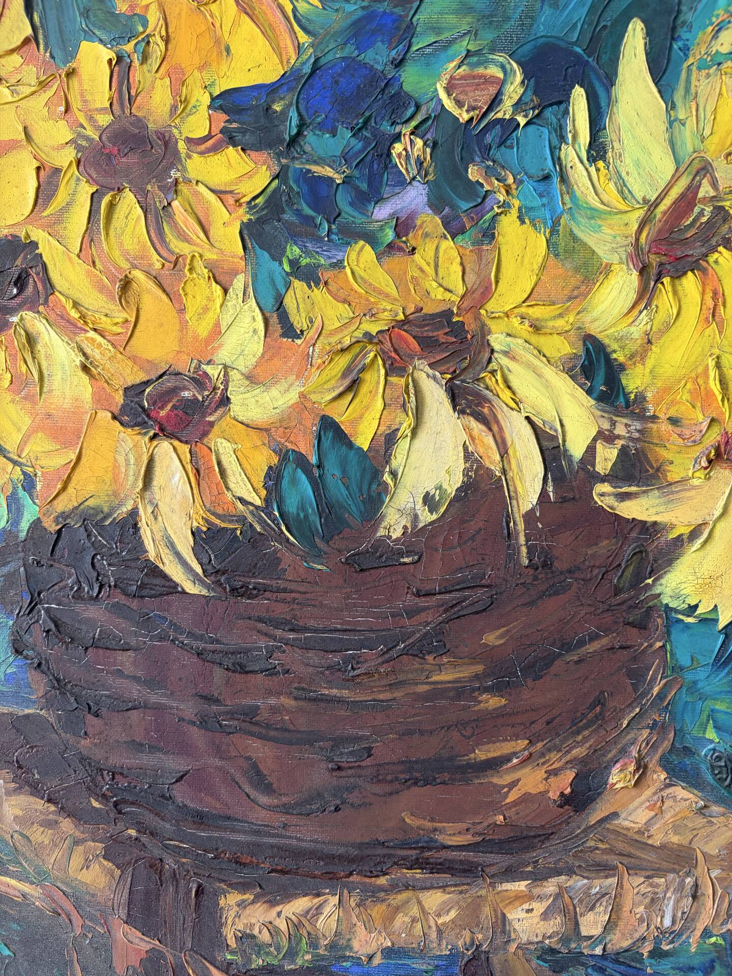 Basket of sunflowers, knife oil