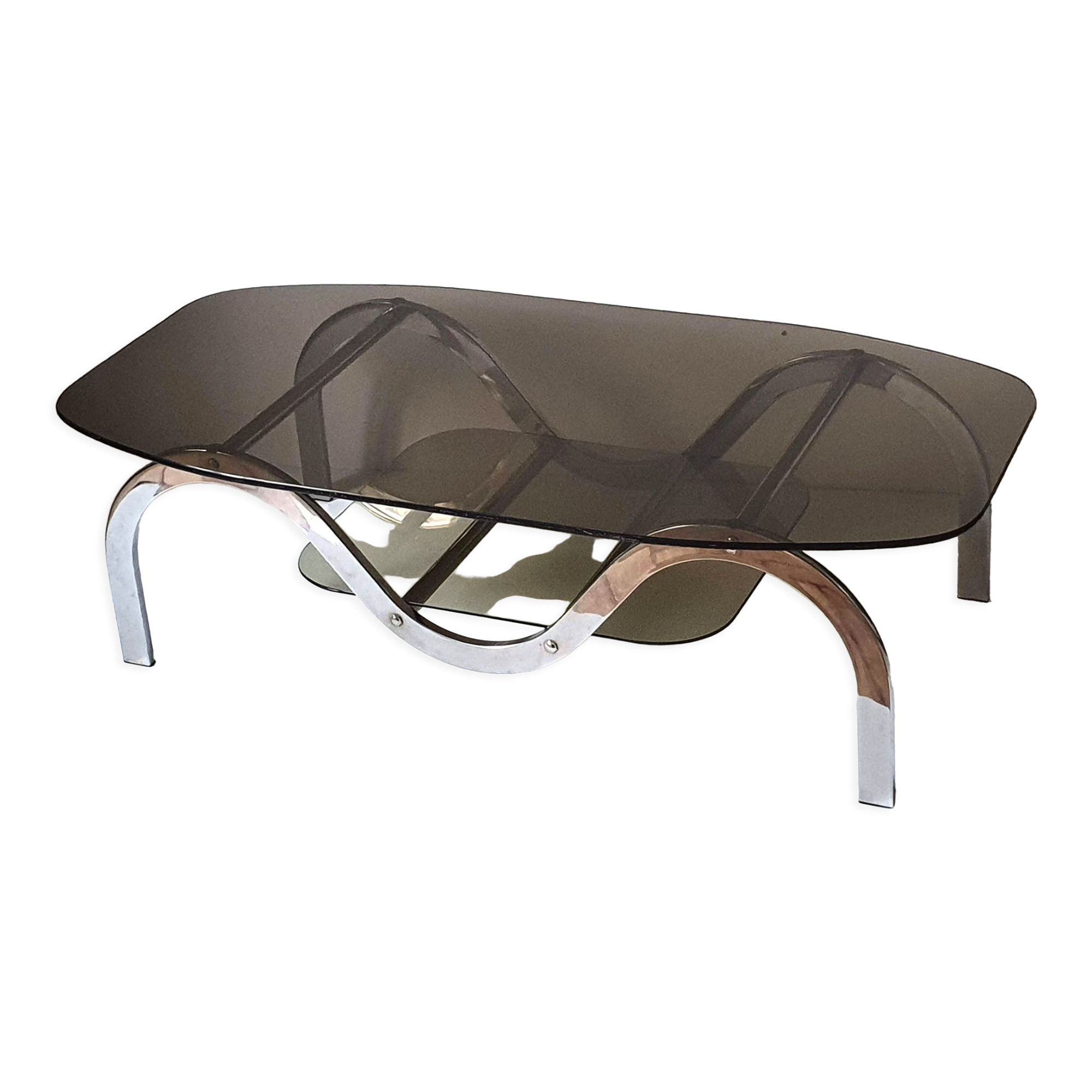 Coffee table chrome metal and smoked glass 70s