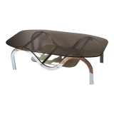 Coffee table chrome metal and smoked glass 70s