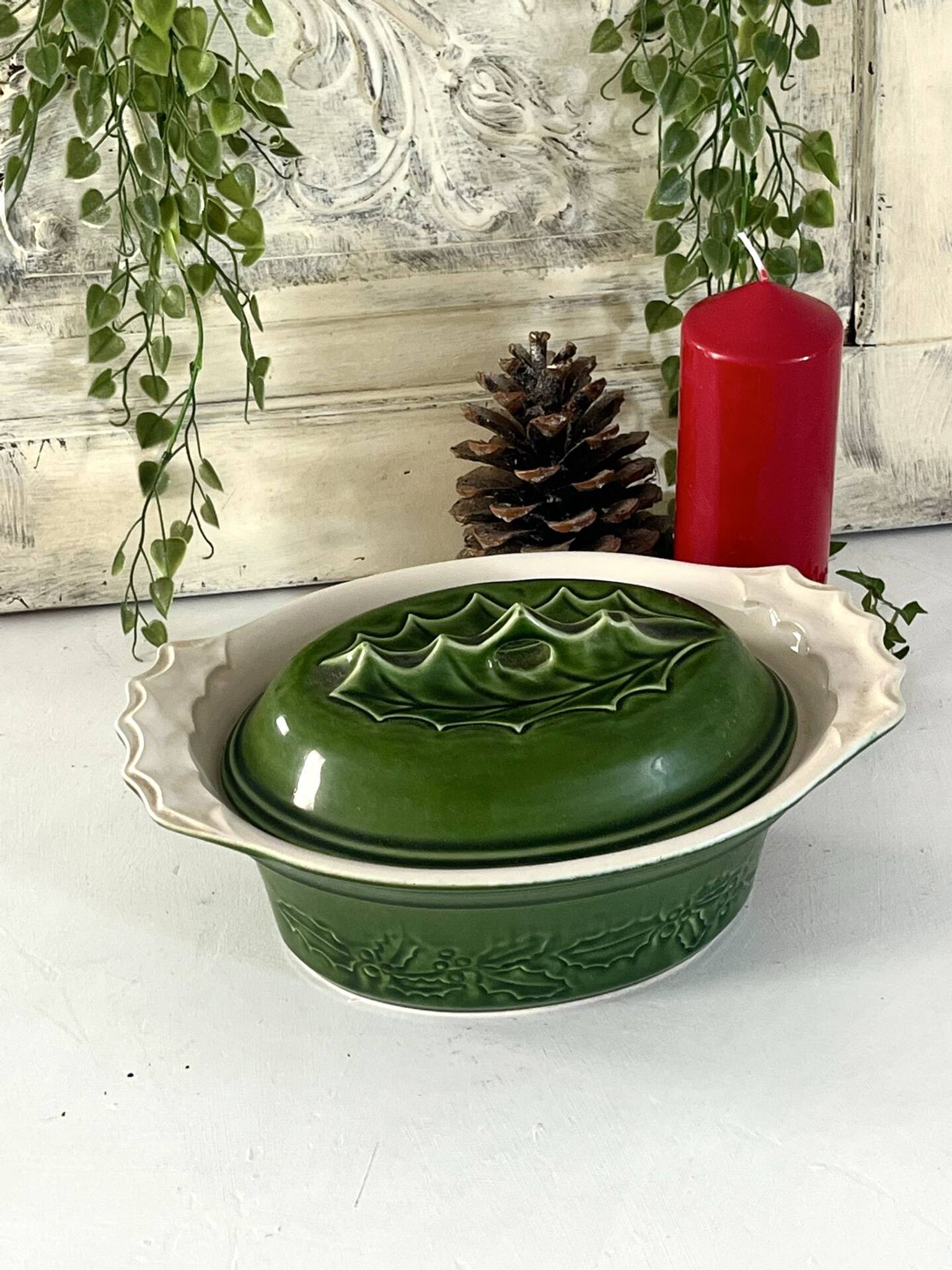 Christmas Terrine with Holly Lid, Green Ceramic Serving Dish, Vintage