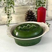 Christmas Terrine with Holly Lid, Green Ceramic Serving Dish, Vintage