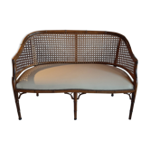 Banquette 2 places cannage bambou simili cuir blanc vintage