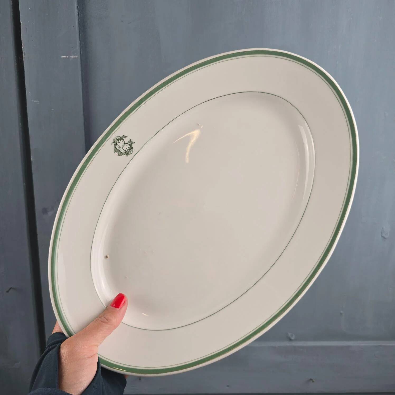 Antique oval dish Mehun France – White porcelain with green trim
