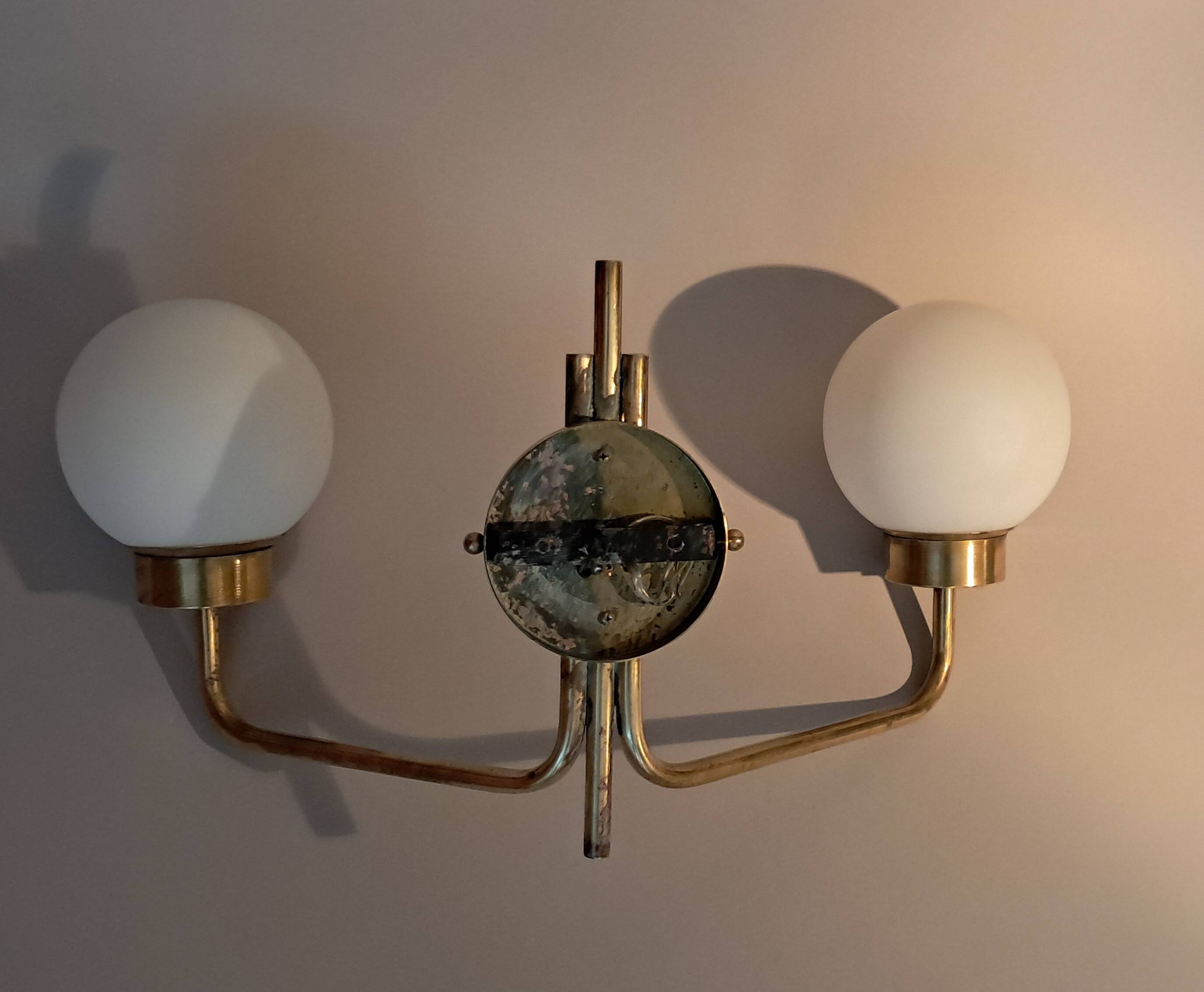 Brass and opaline two-light wall lamp, 1960