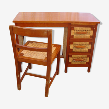 Bureau et sa chaise en acajou et paillage fabrication Mexique en 1959