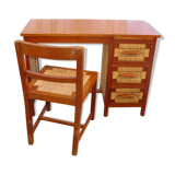 Desk and chair in mahogany and straw seat, made in Mexico in 1959