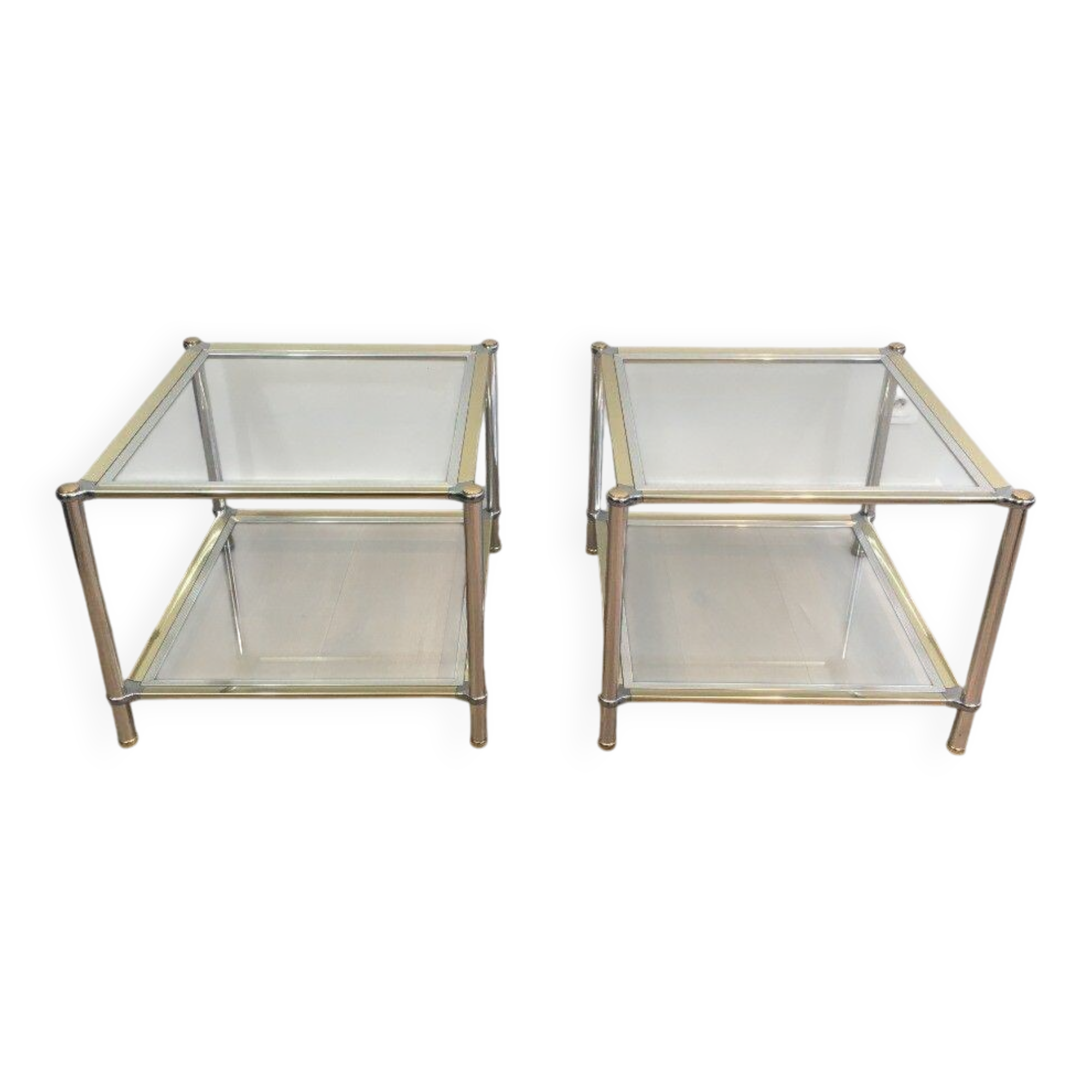 Pair of chrome, gold and silver side tables