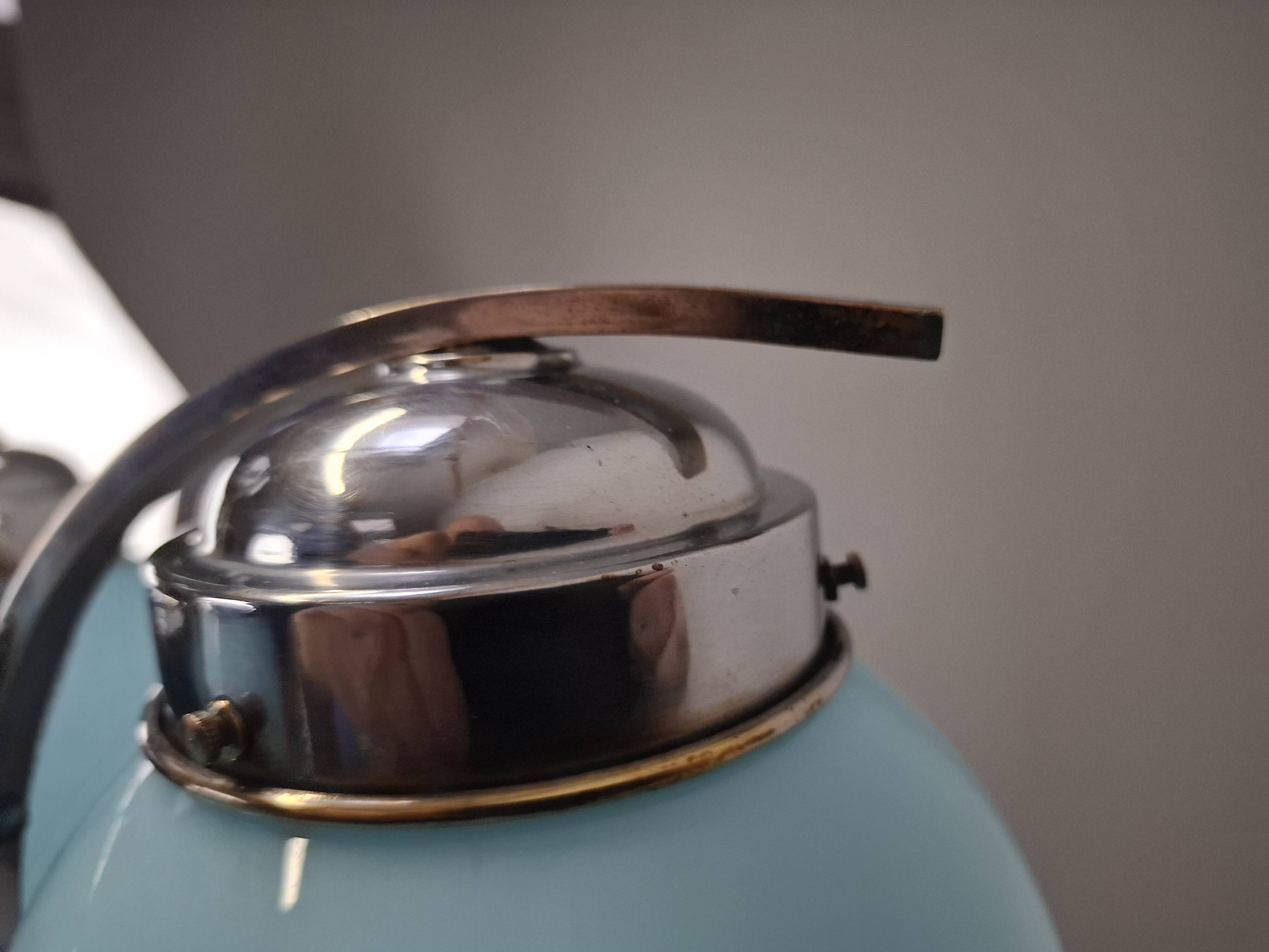 1930s Czech Art Deco Blue Opaline Glass and Chrome Four-Light Chandelier