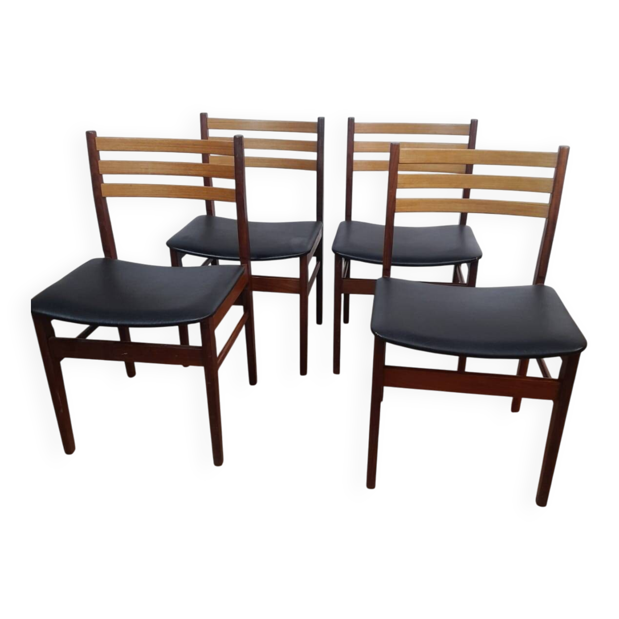 Set of 4 Scandinavian chairs in teak and black leatherette – Denmark 1960