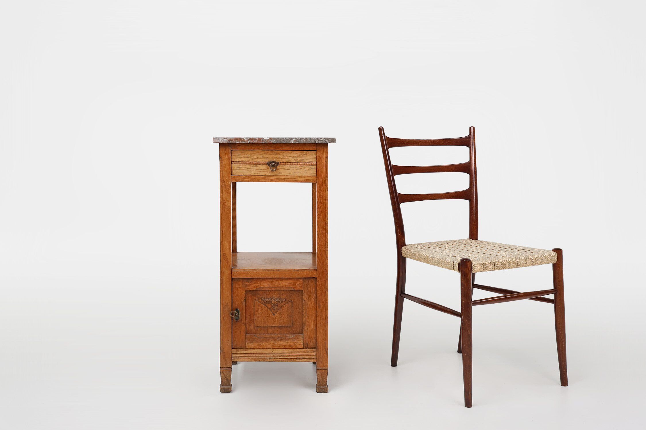 French Art Deco Nightstand in Oak with Pink Marble Top, 1930s