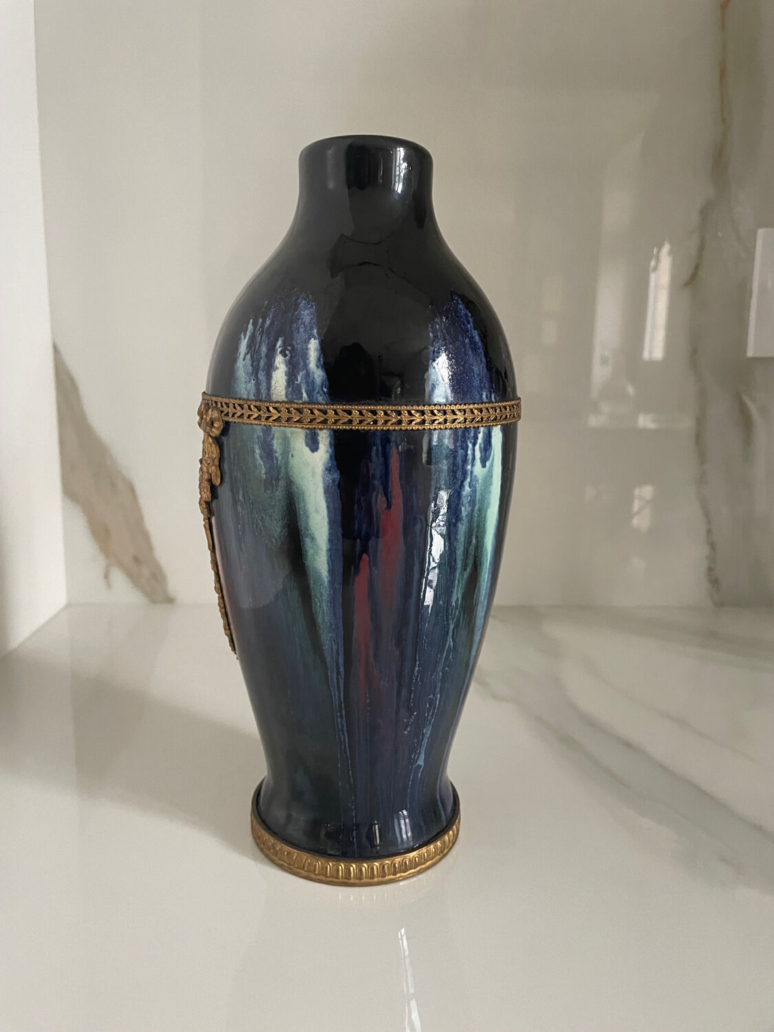 Ceramic vase with enamel drips, brass mount, around 1920, Be