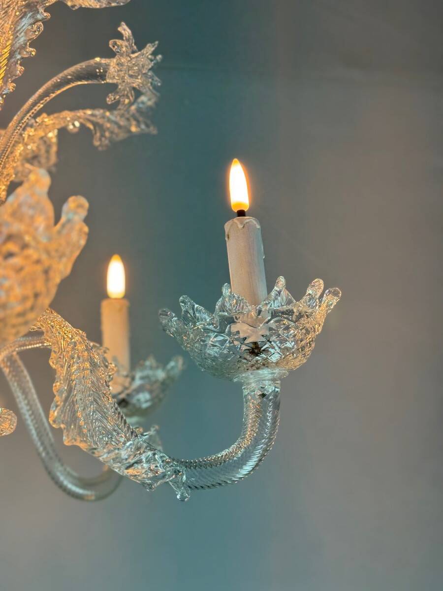 Venetian chandelier in colorless Murano glass with 6 light arms circa 1940