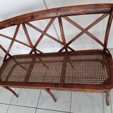 CURVED WOOD AND CANE BENCH