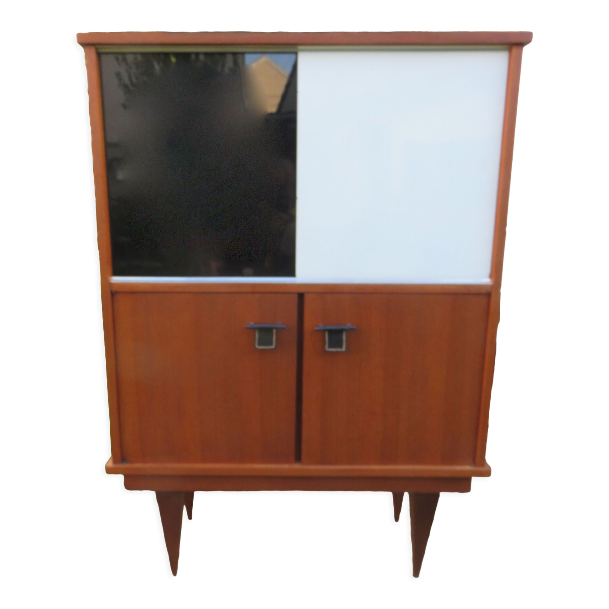 Vintage sideboard with black and white glass doors with cupboard, modernist style, France 1955