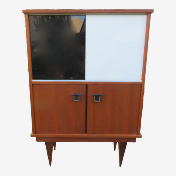 Vintage sideboard with black and white glass doors with cupboard, modernist style, France 1955