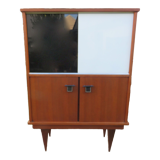 Vintage sideboard with black and white glass doors with cupboard, modernist style, France 1955