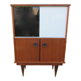 Vintage sideboard with black and white glass doors with cupboard, modernist style, France 1955