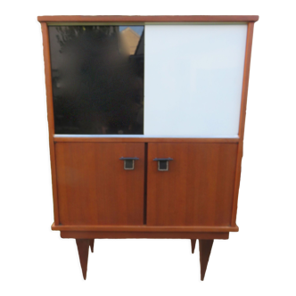 Vintage sideboard with black and white glass doors with cupboard, modernist style, France 1955