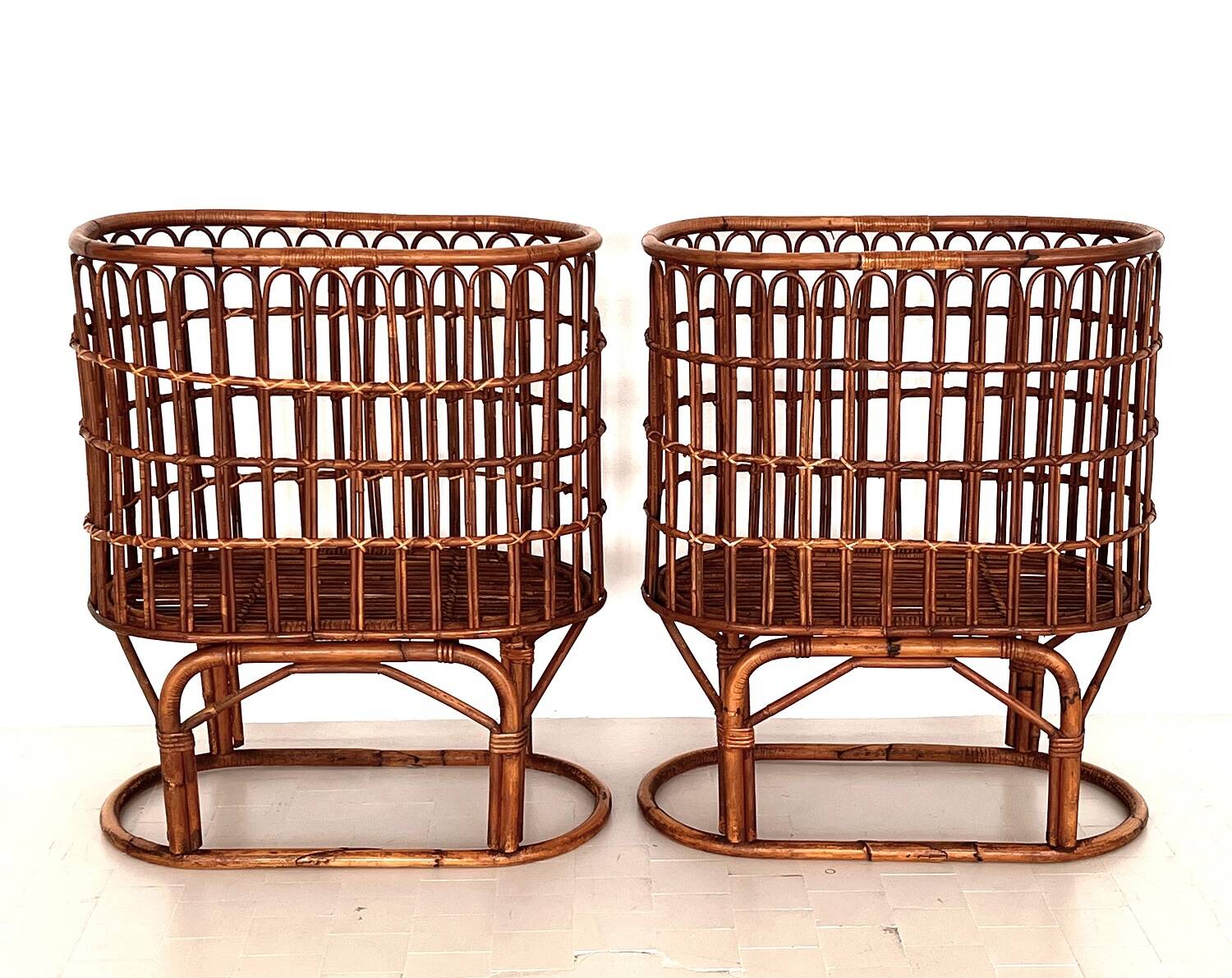 Pair French XXL Bamboo Baskets, 1970s