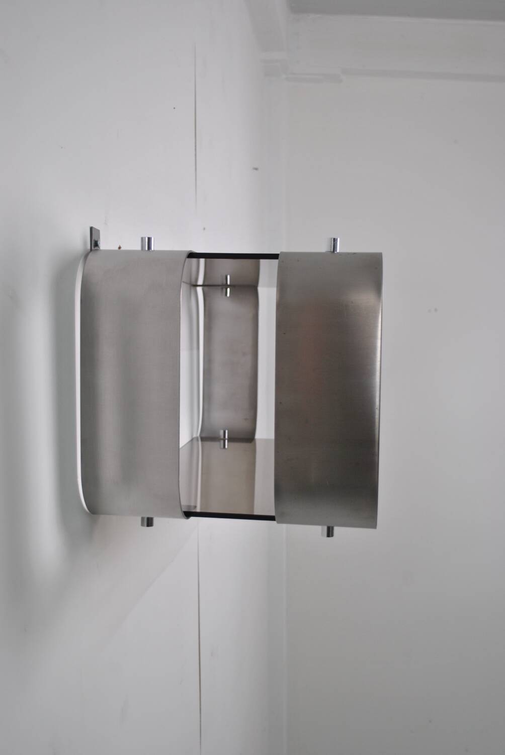 Brushed steel and smoked glass shelf, Donald Singer, 1970