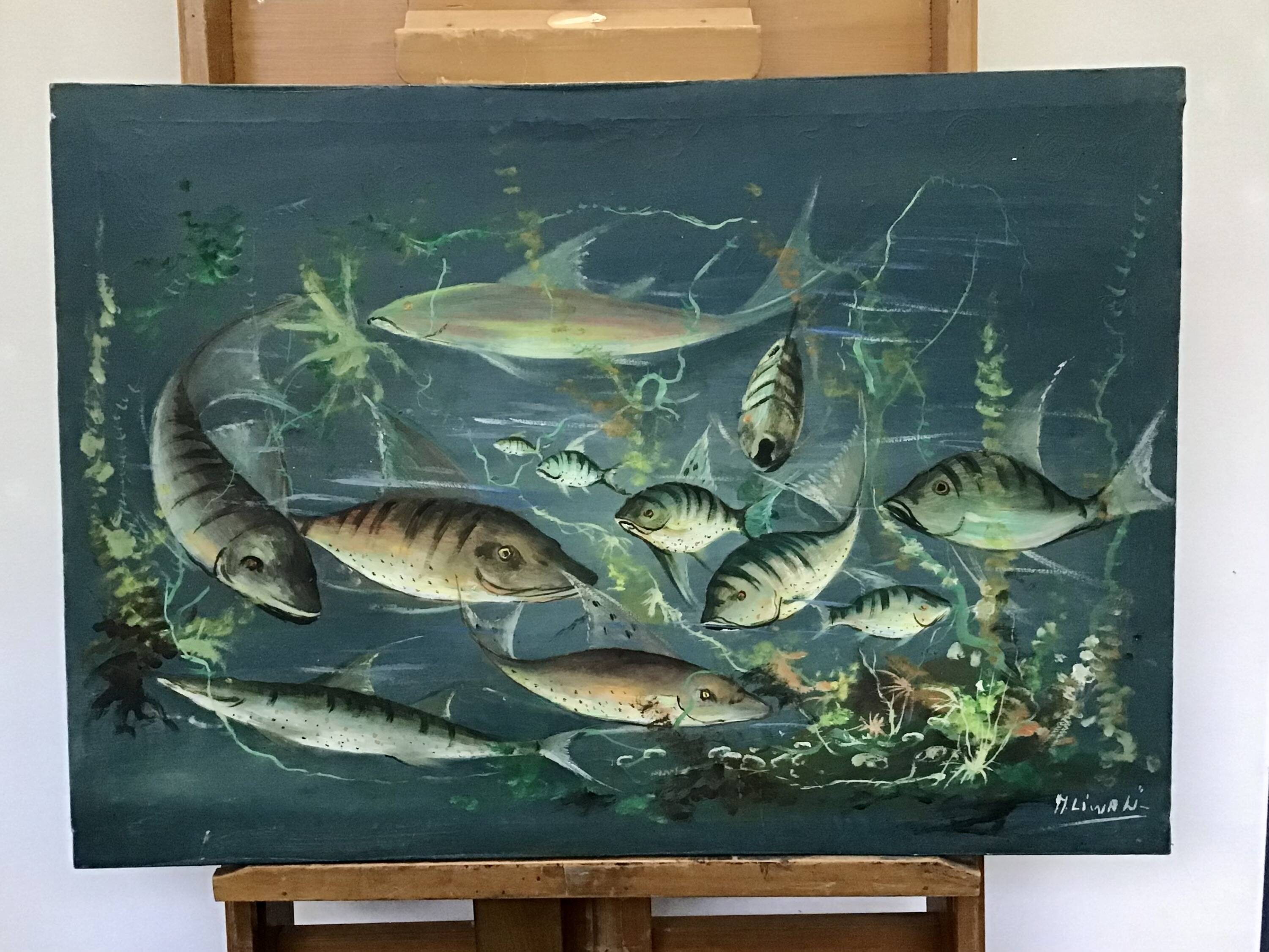 Congolese School Aquatic fauna Oil on canvas signed