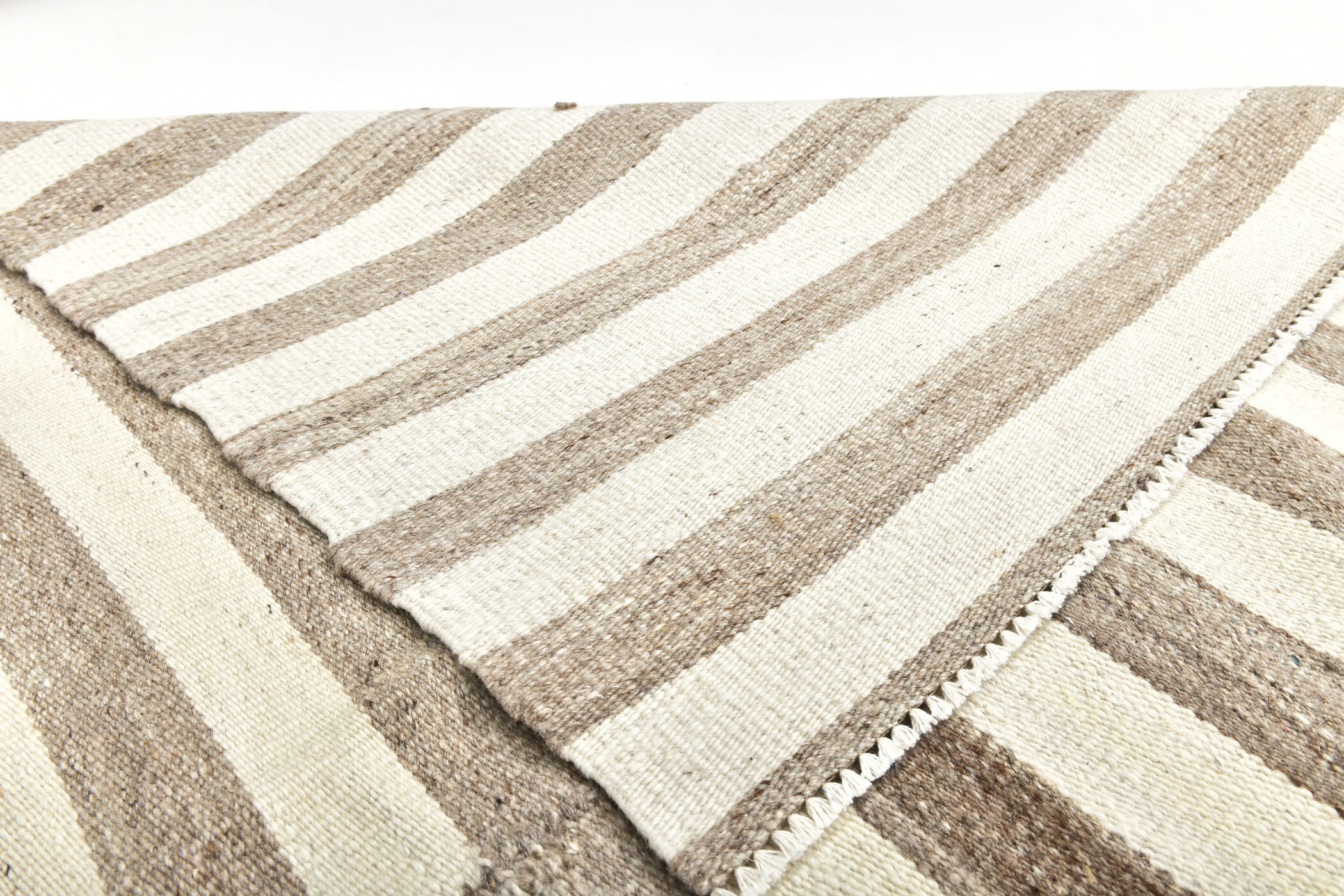 210x300 cm Natural Turkish Kilim, Striped white and brown kilim carpet